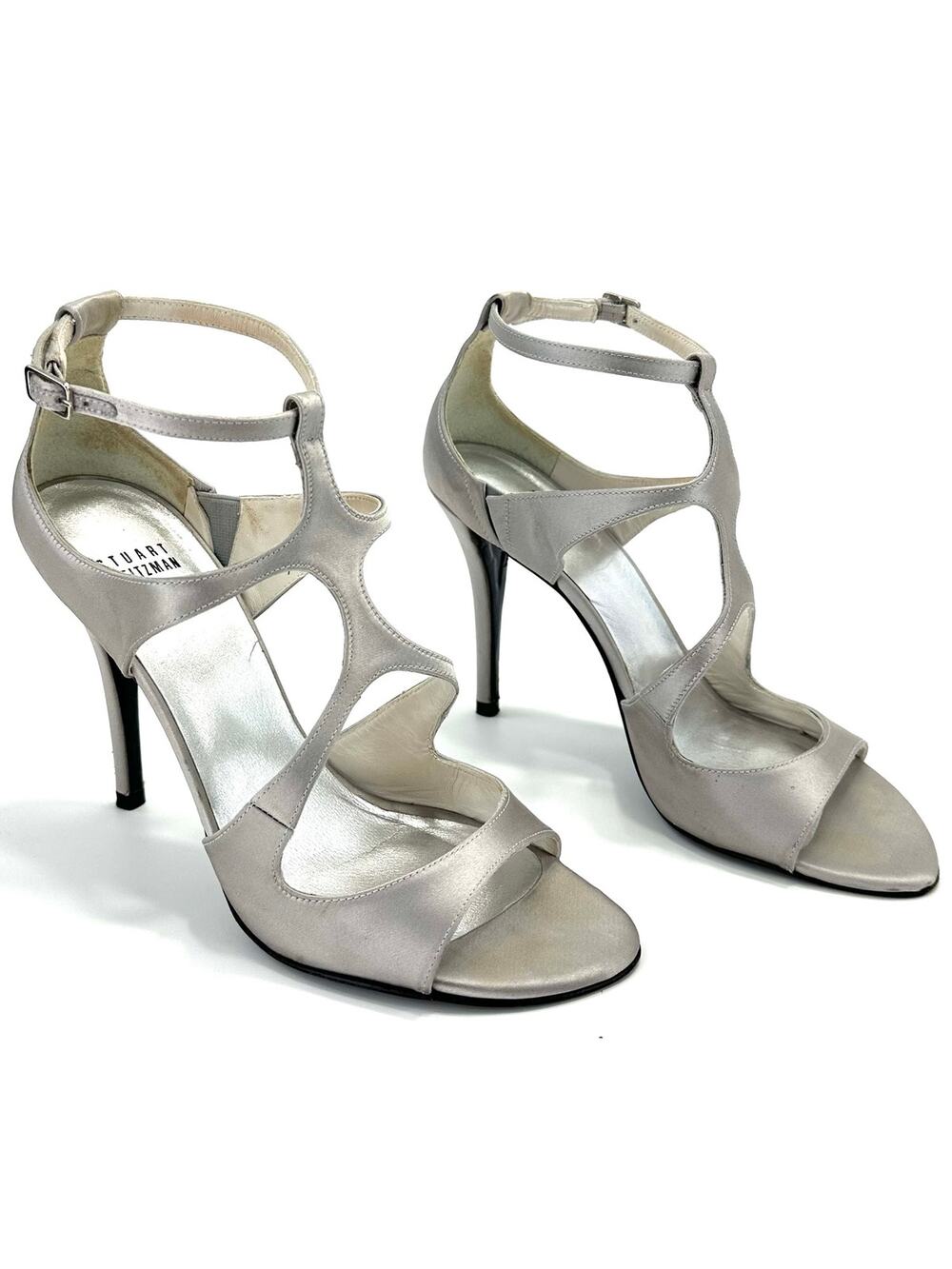 Stuart Weitzman Stiletto Sandal Size 8 Silver Satin Strappy High Heels Designer